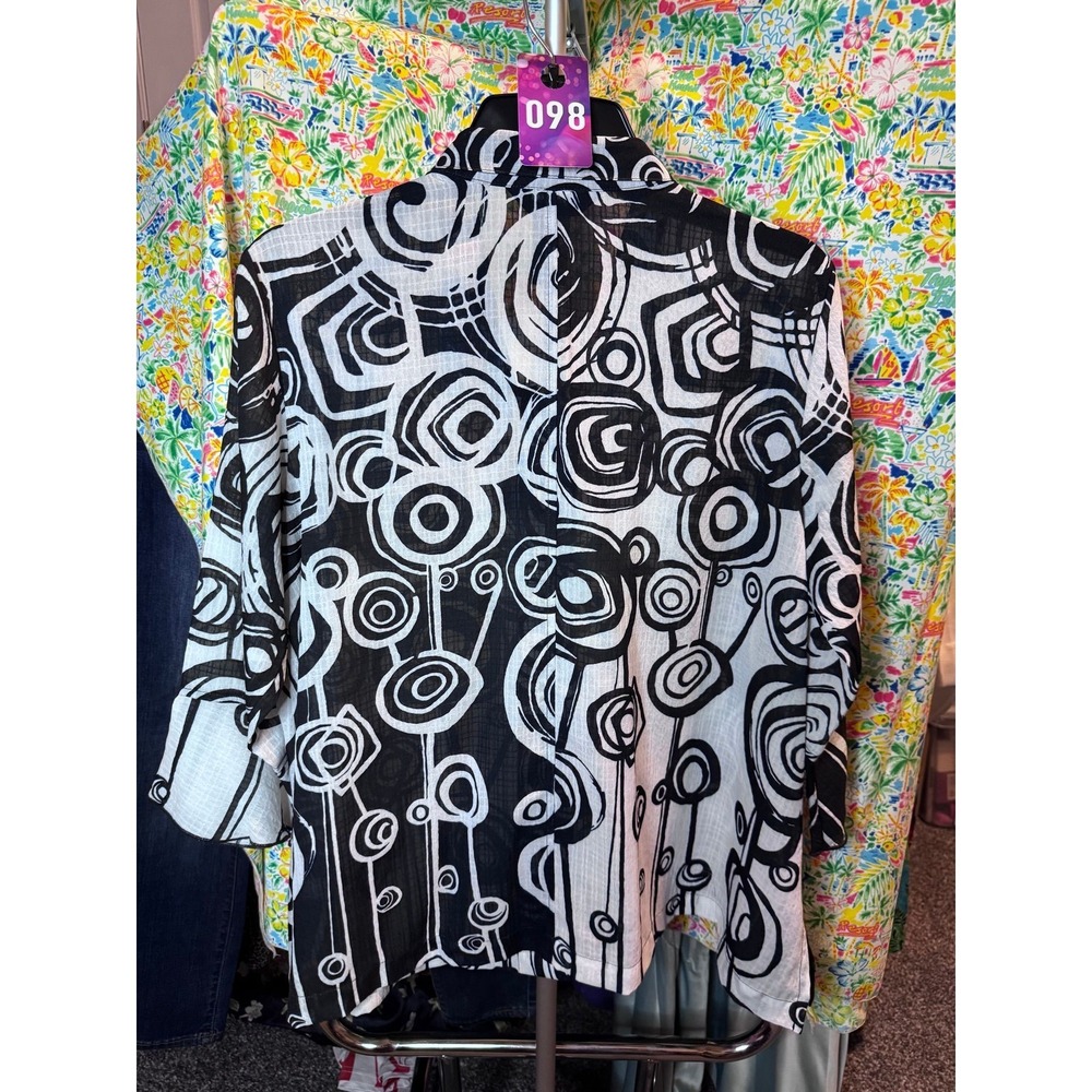 098 Ali Miles Women Petite Large Black White Abstract Geometric Button Up Blouse - Picture 5 of 5